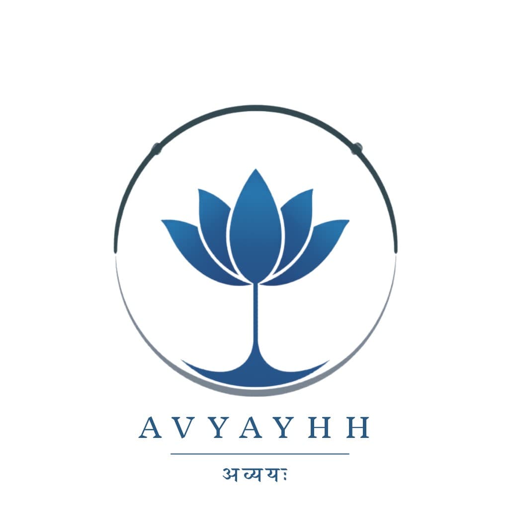 AVYAYHH logo featuring a blue lotus icon and the brand name in English and Devanagari script